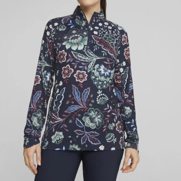 NWT Puma x Liberty Women's Navy Floral Quarter Zip Long Sleeve Blouse Top Size M - Picture 2 of 8